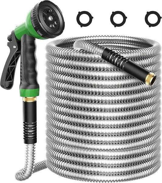 Metal Garden Hose 25ft, Stainless Steel Water Hose Leak-Proof w/10 Function Sprayer Nozzle, 5/8" Fittings Flexible Garden Hose, Long-Lasting, Lightweight, No-Kink Water Hose, for Yard and Lawn