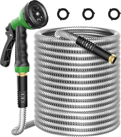 Metal Garden Hose 100ft, Stainless Steel Water Hose Leak-Proof w/10 Function Sprayer Nozzle, 5/8" Fittings Flexible Garden Hose, Long-Lasting, Lightweight, No-Kink Water Hose, for Yard,Lawn