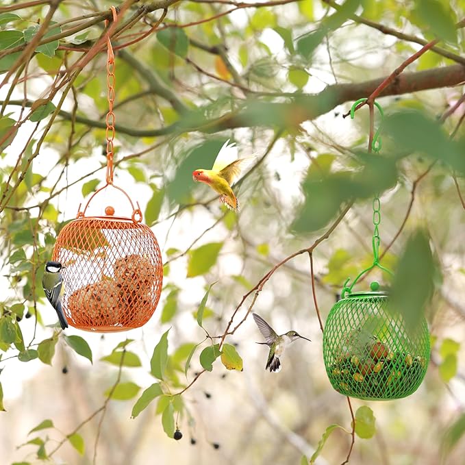 Set of 3 Ball Bird Feeder Squirrel Proof Feeder for Outdoors, Hanging Metal Bird Seed Holder，Mesh Bird Feeders for Garden and Backyard Decoration, Green, Blue,Orange