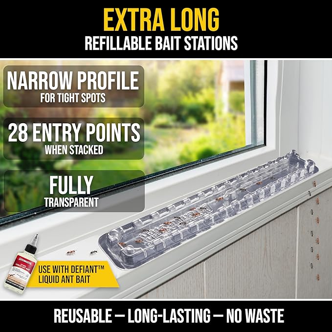 Catchmaster DEFIANT Extra Long Reusable Ant Traps Indoor (8 Pack) For Narrow Spaces – Liquid Ant Killer - Bait NOT Included - Stackable, Translucent Design – 28 Entry Points For Maximum Access