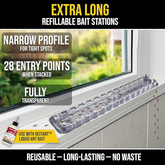 Catchmaster DEFIANT Extra Long Reusable Ant Traps Indoor (8 Pack) For Narrow Spaces – Liquid Ant Killer - Bait NOT Included - Stackable, Translucent Design – 28 Entry Points For Maximum Access
