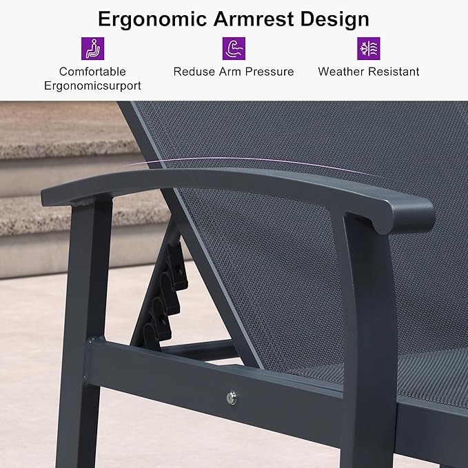 PURPLE LEAF Chaise Lounge Chair Outdoor 2 Pieces Pool Lounge Chairs 5 Adjustable Position with Armrests and Side Table Aluminum Patio Lounge Chair for Outside Backyard Beach Pool, Grey