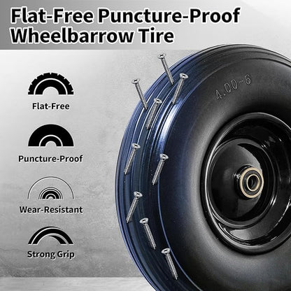 Wheelbarrow Wheel 13 Inch Flat Free 4.00-6 Solid Tire, Replacement Heavy Duty, with 5/8" and 3/4" Bearings 1.75" Center Hub, fits Garden Cart, Dolly, Hand Truck, Trailer, Utility Wagon, 1 Pcs