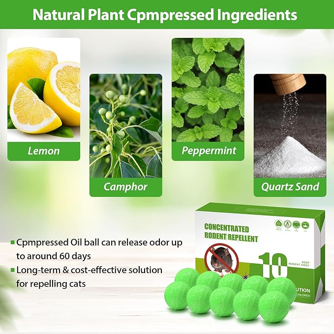 Rodent Repellent Balls,10Pcs Mouse Repellent Balls Peppermint Oil for Mice Squirrel Mole Pests, Natural Pest Control Pouches for Indoor Outdoor Kitchen Car Warehouse, Safe for Pets & Family