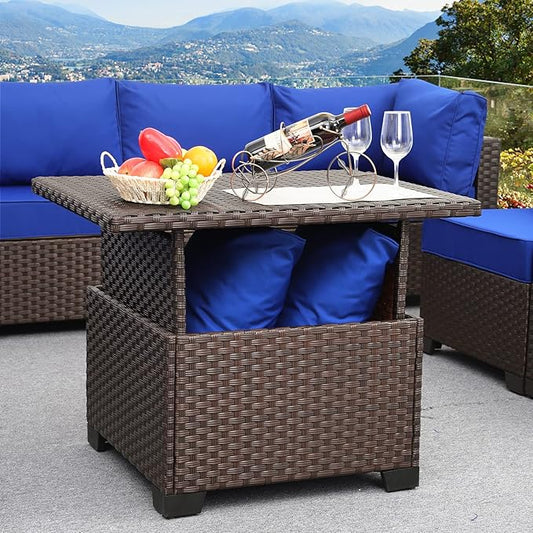 Outdoor Table with Storage Outside Patio Table Wicker Convertible Coffee Table All-Weather Rattan Coffee Table, Brown