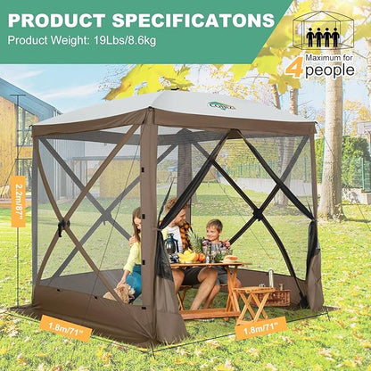 COBIZI 6x6 Pop up Gazebo Tent, Ez up Waterproof Screen Tent Screen House, Portable Outdoor Canopy Sun Shelter with Carry Bag & Ground Stakes for Camping, Garden and Picnics, Brown(Upgraded 2.0)