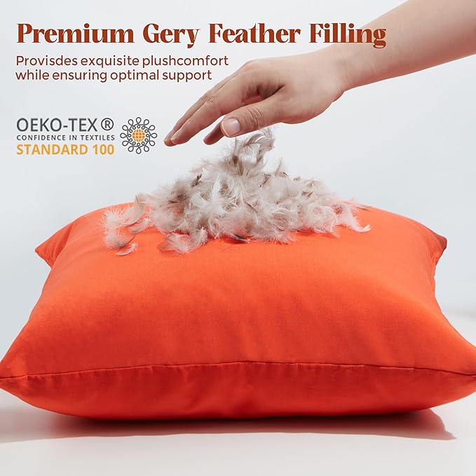 WOLKI Waterproof Outdoor Pillows 20x20 Feather and Down Filled Throw Pillow for Patio Furniture, Outside Decorative Pillow Set of 2, Orange
