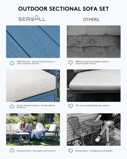 SERWALL HDPE Patio Furniture Set, 7-Piece Outdoor Sectional Sofa Set, All Weather Outdoor Couch Set for Deck, Lawn, Blue Frame with Grey Cushion