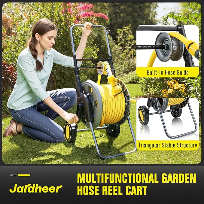 Jardineer Hose Reel Cart with Wheels, Include 100FT Water Hose and Sprayer Nozzle, Portable Garden Hose Set for Watering Flowers, Cleaning Floors, Washing Cars Outside