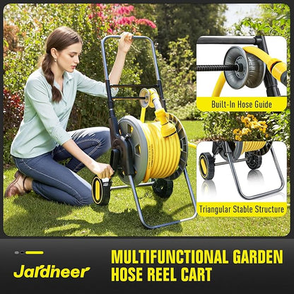 Jardineer Hose Reel Cart with Wheels, Include 100FT Water Hose and Sprayer Nozzle, Portable Garden Hose Set for Watering Flowers, Cleaning Floors, Washing Cars Outside