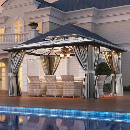 Aoxun 12'x14' Hardtop Gazebo, Aluminum Frame Permanent Pavilion with Netting and Curtains, Outdoor Polycarbonate Double Roof Canopy, Designed for Lawn, Garden, Patio (Gray)