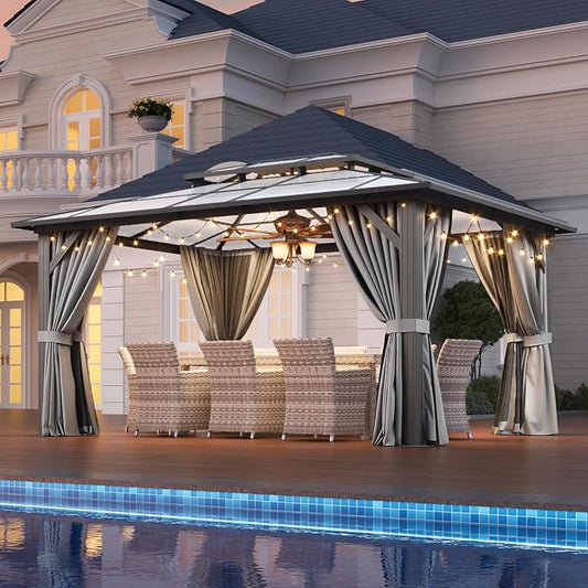 Aoxun 12'x14' Hardtop Gazebo, Aluminum Frame Permanent Pavilion with Netting and Curtains, Outdoor Polycarbonate Double Roof Canopy, Designed for Lawn, Garden, Patio (Gray)