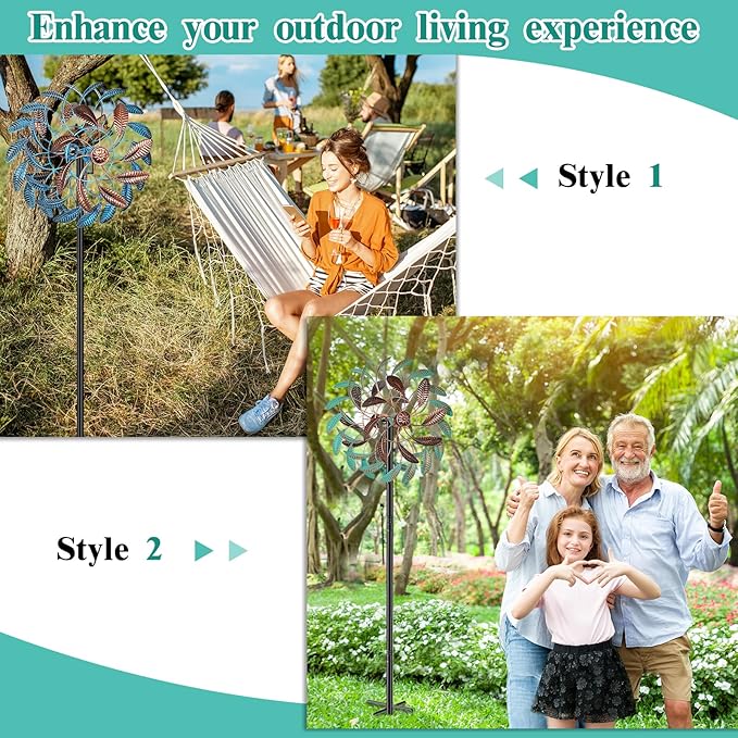 360° Wind Spinners Outdoor, Wind Sculptures Windmill with Metal Stake, Kinetic Large Metal Yard Art Decor Spinners Pinwheels for Garden Outside Patio Lawn, 63.2 * 13.2"