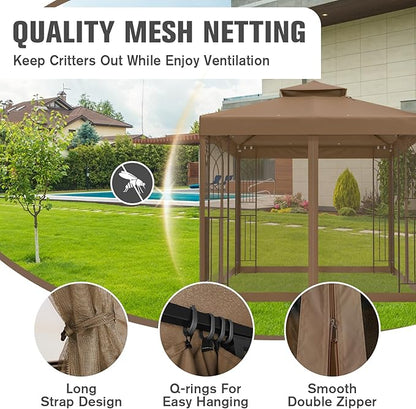 COOS BAY 8x8 Outdoor Patio Gazebo with Netting and Corner Shelves, Two-Tier Soft Top Canopy for Backyard, Lawn, Deck and Garden, Brown