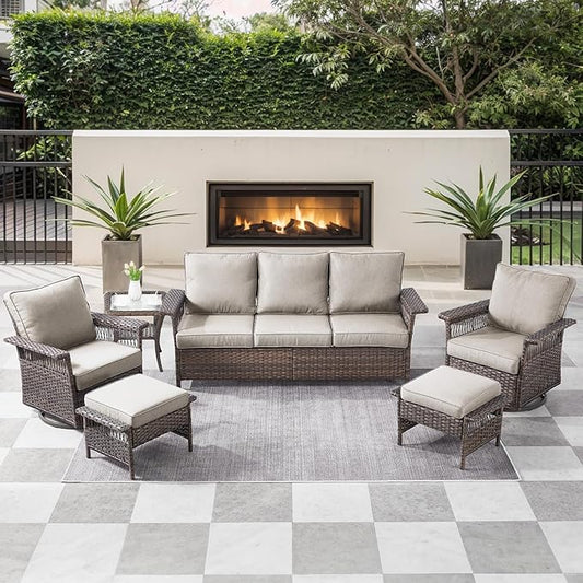 6 Pieces Wicker Patio Furniture Set - Hollow Widen Armrests Outdoor Swivel Glider Chairs and 3 Seat Sofa with Coffee Table & Ottomans for Balcony Porch Deck and Yard - Brown/Beige