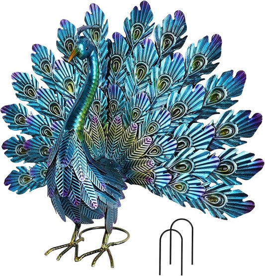 YEAHOME Garden Decor Outdoor Statues, 22.4" Large Metal Peacock Standing Yard Art, Blue Green Bird Lawn Sculptures Garden Decor for Outside Patio Porch Backyard