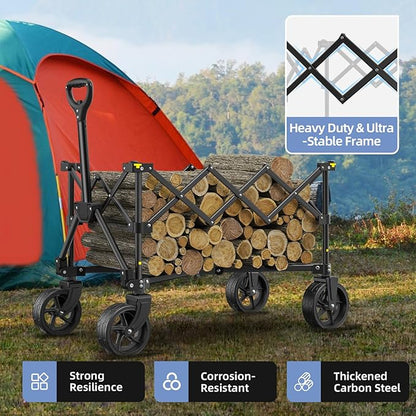 Collapsible Wagon with Wheels,220 lbs Capacity Heavy Duty Wagons Carts with Flexible Handle,Lightweight Portable Folding Utility Cart for Grocery Shopping,Camping,Garden,Sports