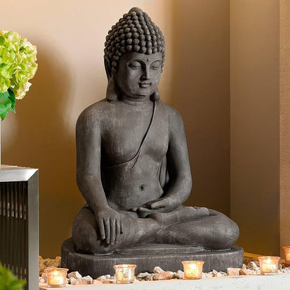 John Timberland Sitting Buddha Statue Sculpture Zen Asian Japanese Garden Decor Outdoor Front Porch Patio Yard Outside Home Balcony House Exterior Weathered Light Sandstone Finish 29 1/2" Tall