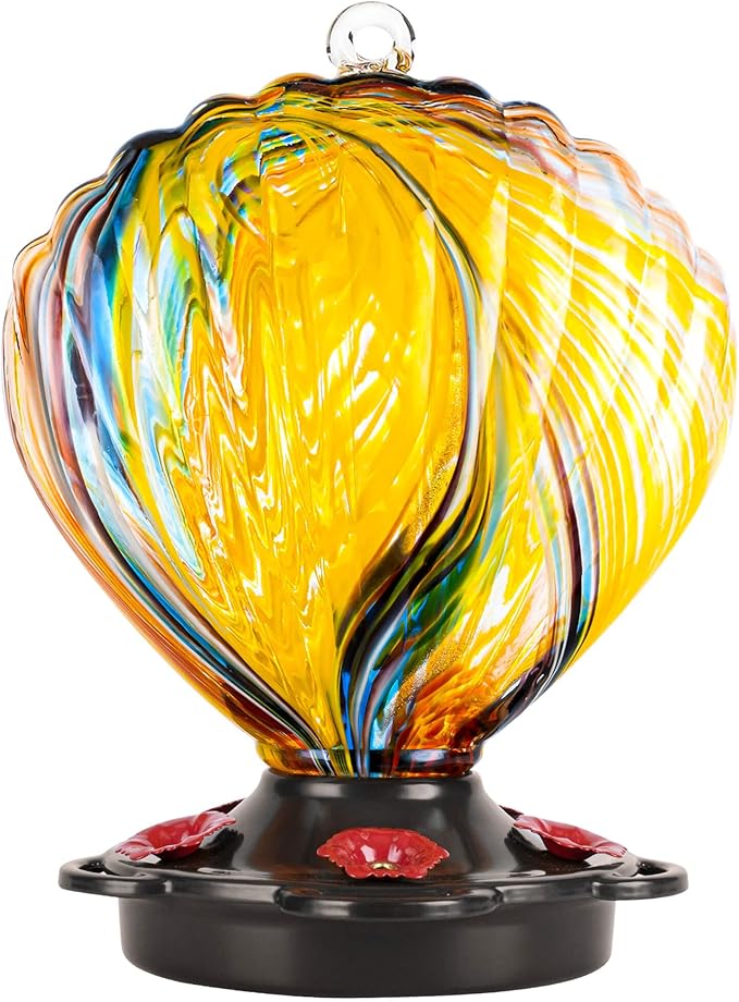 LUJII Seashell Shaped Hummingbird Feeder for Outside Hanging, Hand Blown Glass with Perches, Never Leak & Rustproof, Unique Gift for Women, Glass Art for Backyard Decor, 25 fl.oz, Ribbon
