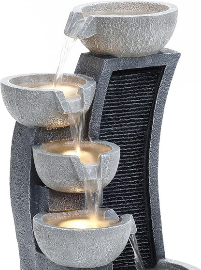 LuxenHome Water Fountain Outdoor, 26 Inch Resin Cascading Bowl Water Fountains Indoor with LED Lights, Modern Garden Decor, Small Waterfall Fountain, Outdoor Fountains and Waterfalls Garden Decor