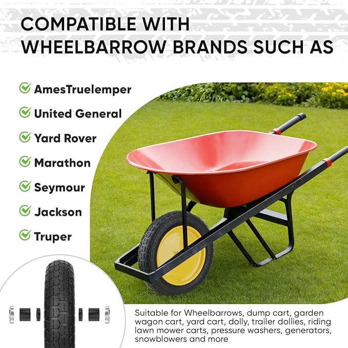 TICONN 4.80/4.00-8 Tire, 14.5" Flat Free Wheelbarrow Tire and Wheel, Solid Replacement Tires with 3" Centered Hub, 5/8" 3/4" Bearings, Universal Fit 4.80/4.00-8, 3.50/3.00-8, 4.00-6 (Yellow)