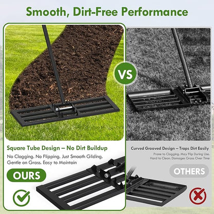 Seeutek Lawn Leveling Rake, 35” x 10” Lawn Leveler with 6.5FT Stainless Steel Handle Rakes for Lawns, 0-180° Adjustable Ground Leveler Tool for Yard, Level Soil Sand Dirt Surfaces