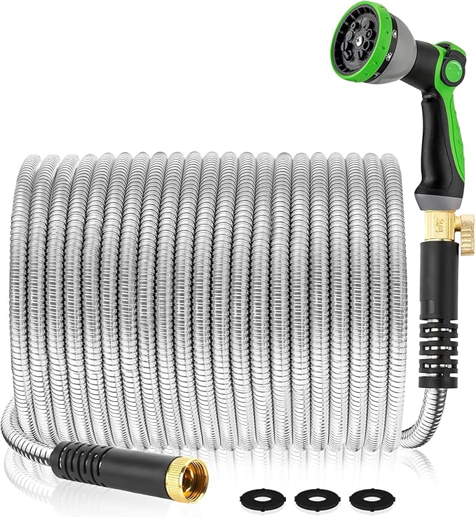 Metal Garden Hose 150Ft Stainless Steel Water Hose Heavy Duty with 10 Way Nozzle-Flexible Lightweight Durable No Kink & Tangle，Strong 3/4’’ Solid Metal Fitting Shut-Off Valve for Outdoor Yard
