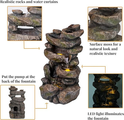 Ferrisland 31.5"H Outdoor Floor Waterfall Fountain, 5 Tier Rustic Rock Freestanding Water Fall Feature with Cascading Streams & LED Lights, Home Décor for Garden, Patio, Yard, Deck & Porch, Gift Ideas