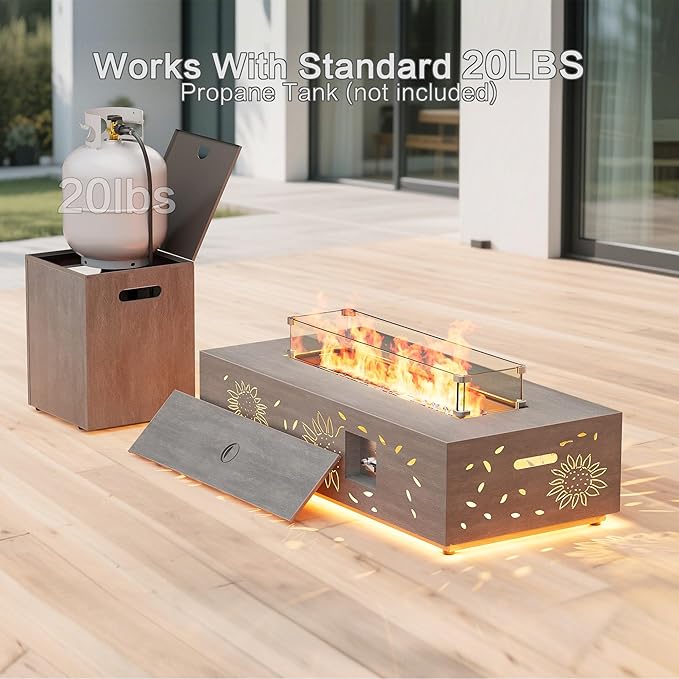 42" Outdoor Fire Pit Table, 50,000 BTU Gas Fire Pit with Glass Wind Guard, Fire Stones, Waterproof Cover, Propane Fire Pit Table for Outside Patio, Hollow-Out (Sunflower, Brown)
