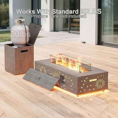 42" Outdoor Fire Pit Table, 50,000 BTU Gas Fire Pit with Glass Wind Guard, Fire Stones, Waterproof Cover, Propane Fire Pit Table for Outside Patio, Hollow-Out (Sunflower, Brown)