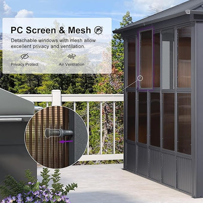 PURPLE LEAF 12' X 16' Solarium Sunroom Permanent Hardtop Screened Gazebo Galvanized Steel Double Roof Aluminum Outdoor Enclosed Gazebo for Hot Tub Lawn Deck Backyard Grey