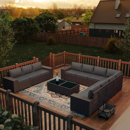 Outdoor Patio Furniture Set, 12 Pieces Outdoor Furniture All Weather Patio Sectional Sofa PE Wicker Modular Conversation Sets with Coffee Table,10 Chairs and Seat Clips Grey