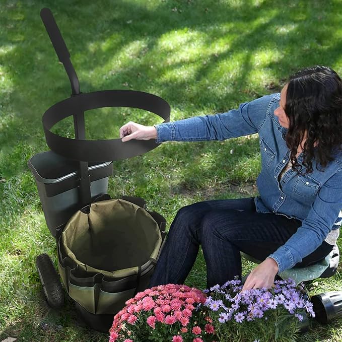 Garden Cart with Wheels & Oxford Fabric Bag – Heavy-Duty Yard Trolley for Lawn Care, Gardening Tools & Flower Transport – Portable Outdoor Tool Organizer with Large Storage Capacity