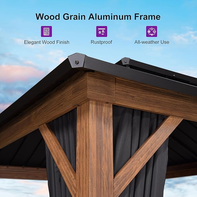 PURPLE LEAF 10' X 14' Hardtop Gazebo with Storage Box Outdoor Wood Grain Aluminum Frame Galvanized Steel Double Roof Gazebos with Netting and Curtains for Patio Deck Backyard Garden