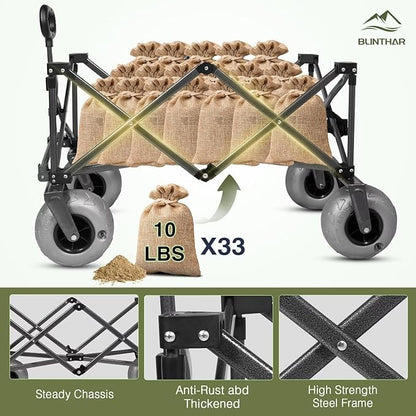 Beach Wagon with Big Wheels for Sand, Heavy Duty Harder Sand Collapsible Folding Wagon with All-Terrain 9" Pneumatic Ballon Tires, Utility Wagon for Garden Sports Camping Outdoor Activities
