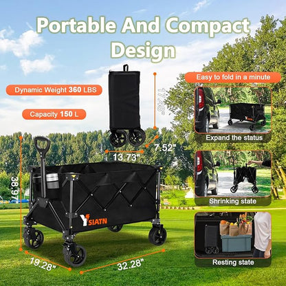 Collapsible Wagon Cart with Wheels Foldable, Folding Wagons Carts with All Terrain Wheels, Large Grocery Carts On Wheel, Heavy Duty Utility Wagons for Shopping Beach Sports, 150L, Black