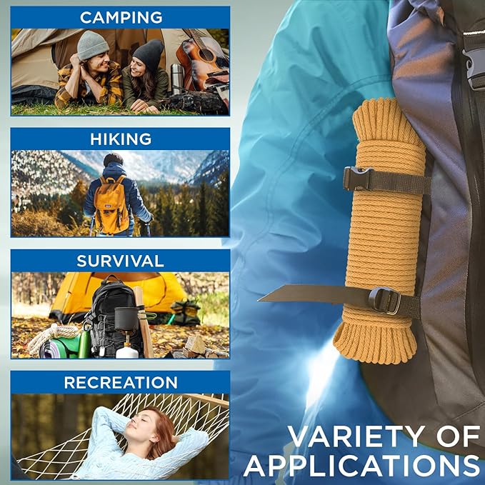 TECEUM Cotton Rope 3/16” (5 mm) – 50 FT – Strong All-Purpose Braided Rope – Natural Cotton – for Crafting, Сamping, Clothes Line, DIY, Indoor & Outdoor Use – Honey