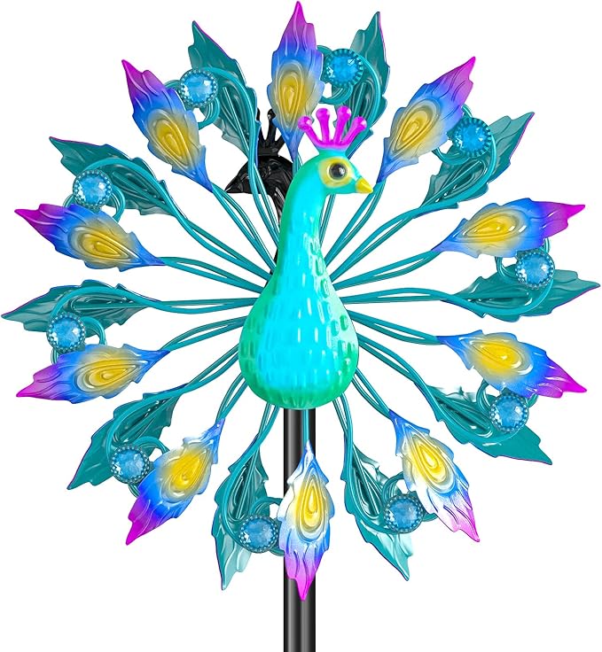 Metal Outdoor Wind Spinner, 2-Way Wind Sculpture Spinner with Metal Stake, Waterproof 360 Degrees Kinetic Windmill Art Decoration for Patio Garden Lawn (Peacock B)
