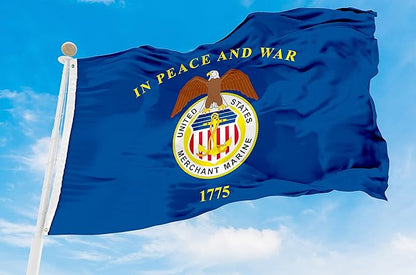 AGAS Large United States Merchant Marines Flag 5x8 Ft - Printed 200D Nylon Canvas Header Two Brass Grommets Big USA Merchant Marines Flag