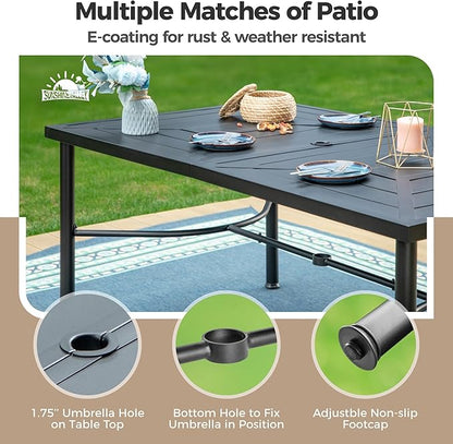7 Pcs Patio Dining Set for 6, Rectangular Metal Dining Table with Umbrella Hole and 6 Chairs, Outdoor Table and Chairs Set for Lawn Garden Backyard and Deck, Red