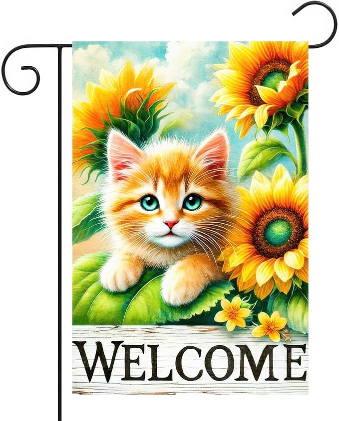 Spring Garden Flag 12x18 Inches Double Sided Cute Cat Welcome Yard Flags Sunflower Summer Seasonal Flower for Outside Decor Home Farmhouse Holiday Decorations
