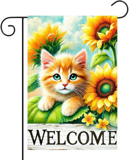 Spring Garden Flag 12x18 Inches Double Sided Cute Cat Welcome Yard Flags Sunflower Summer Seasonal Flower for Outside Decor Home Farmhouse Holiday Decorations