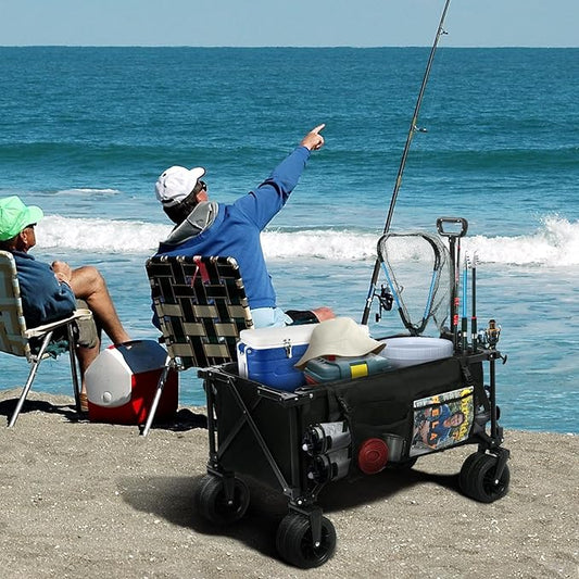 REDCAMP 49" L Extended Collapsible Beach Fishing Cart with Rod Holders, 330LBS Heavy Duty Extra Large Folding Utility Garden Cart with Tailgate and Big All-Terrain Wheels for Grocery, Sport, Fishing