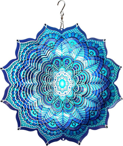 Goolyrusim Wind Spinner Mandala Rich Blue 12inch 3D Stainless Steel Wind Spinners Laser Cut Metal Hanging Wind Sculptures Kinetic Yard Art Decoration Garden Ornament Indoor/Outdoor Décor Worth Gift