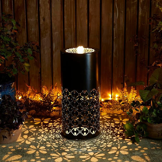 Glitzhome Modern Metal Cutout Water Fountain with Pump, Adapter and LED Light, Black Cutout Bird Bath Garden Outdoor Fountain and Waterfalls, Freestanding Fountains for Patio Backyard Decor, 23.5''H