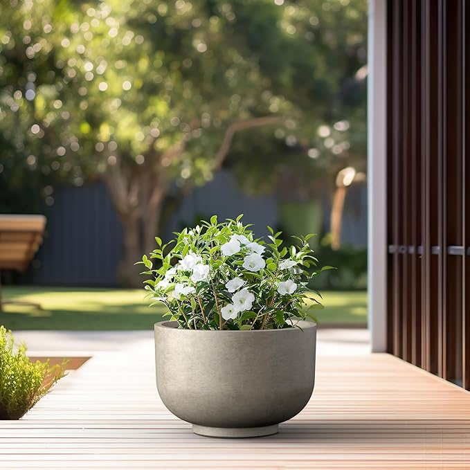 Kante 17.7 Inch Dia Concrete Bowl Planter, Large Tapered Bottom Plant Pot with Drainage, Smooth Weathered Concrete Finish with Warm Brown Interior, Ideal for Porch, Home, Garden, Patio