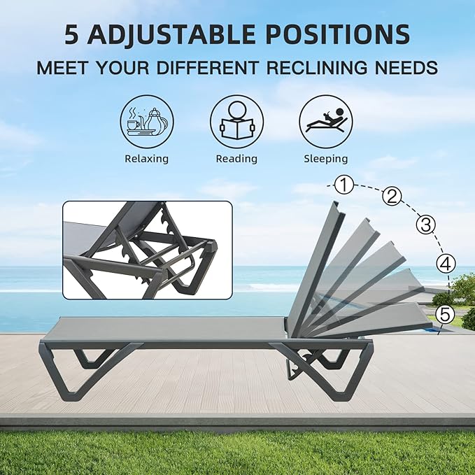 Domi Pool Lounge Chairs, Aluminum Patio Chaise Lounge Set of 2, 5 Position Adjustable Backrest and Wheels, All Weather Outdoor Lounge Chairs for Beach, Yard, Balcony, Poolside, Gray