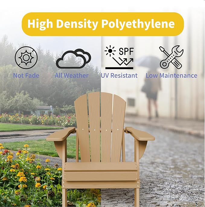 Kingdura Foldable Adirondack Chair, Portable HDPE All Weather Resistant Outdoor Patio Chair, Wooden Textured with Cup Holder, 380LBS Capacity for Poolside, Backyard, Deck, Fire Pit (Brown