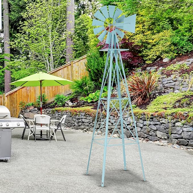 Garden Windmill for Yard Decor, 8 ft Tall Metal Windmill with Spinning Blades, Weather-Resistant Outdoor Windmill for Lawn, Farmhouse, Rustic & Farm Decor,Blue