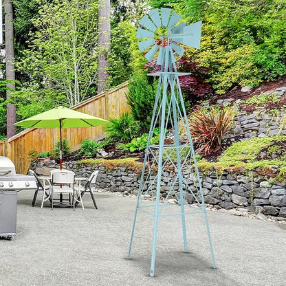 Garden Windmill for Yard Decor, 8 ft Tall Metal Windmill with Spinning Blades, Weather-Resistant Outdoor Windmill for Lawn, Farmhouse, Rustic & Farm Decor,Blue
